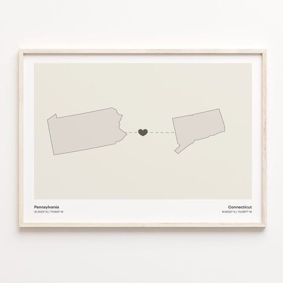 Pennsylvania To Connecticut Print Connecticuter Gift Minimalistic State Connection Map Poster Travel Wall Art Global Love C211409