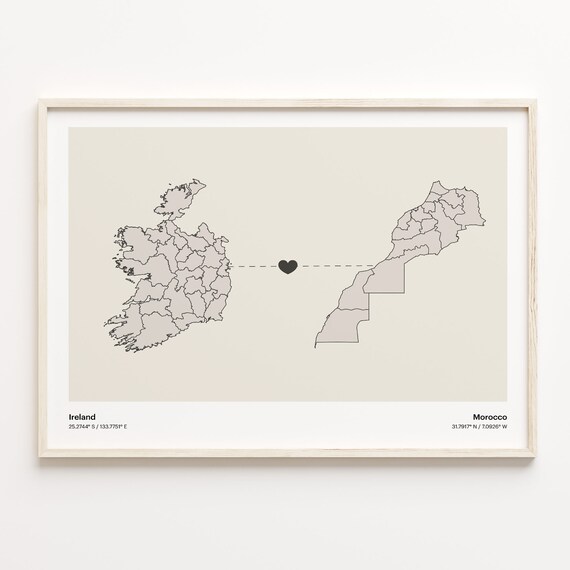 Ireland to Morocco Long Distance Heart Map Minimalist Connection Poster