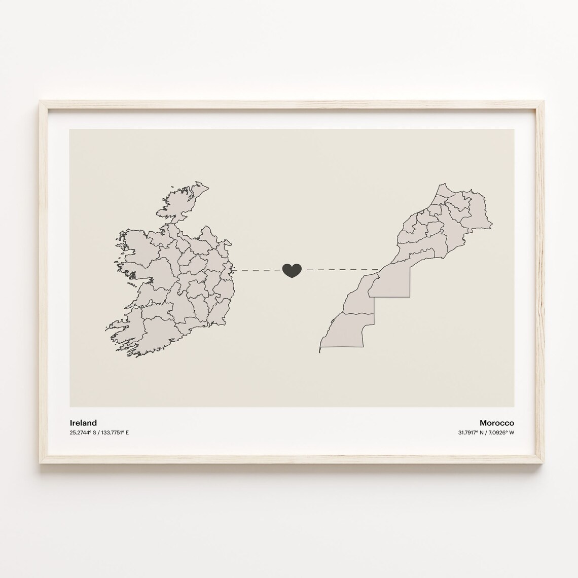 Ireland to Morocco Long Distance Heart Map Minimalist Connection Poster