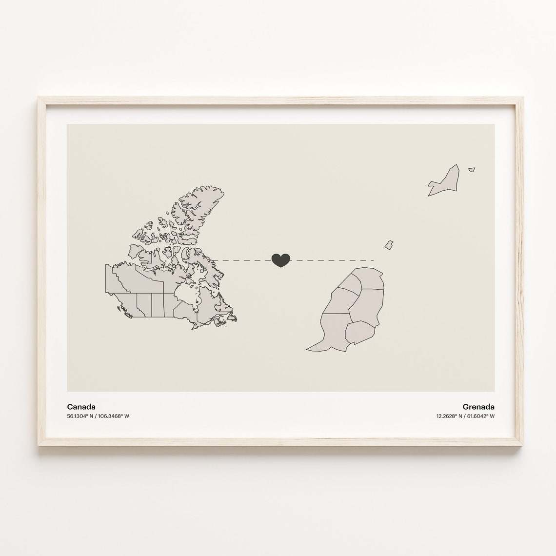 Canada To Grenada Heart Connection Minimalist Map Art Print Gift