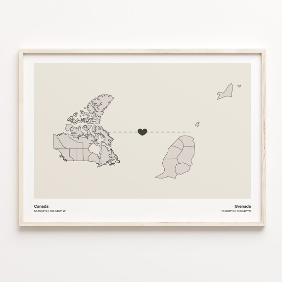 Canada To Grenada Heart Connection Minimalist Map Art Print Gift