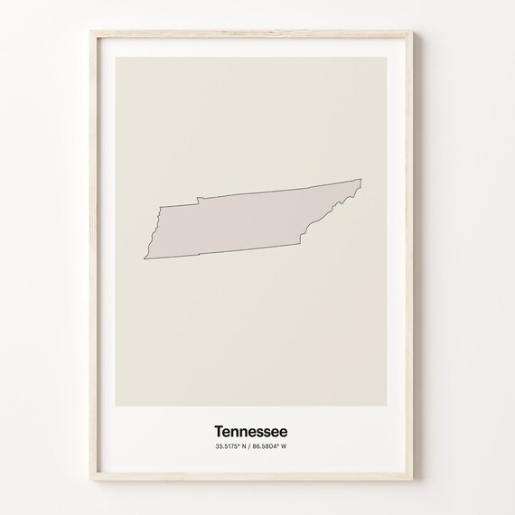 Tennessee Minimalist Map Poster With Printed Coordinates Neutral Home Decor