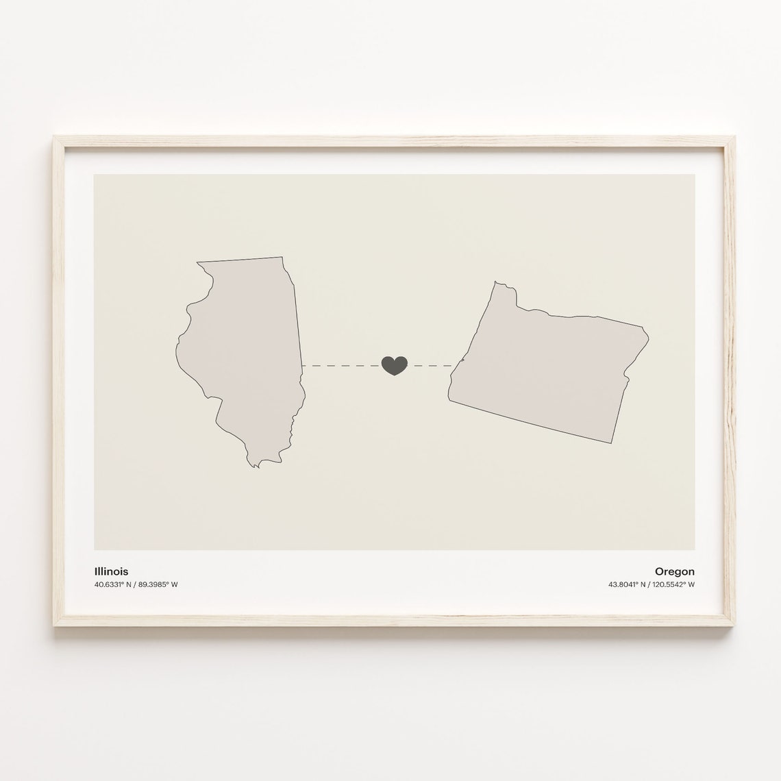 Illinois And Oregon Long Distance Love Minimalist Heart Map Poster
