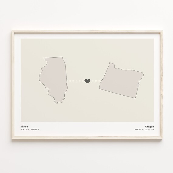 Illinois And Oregon Long Distance Love Minimalist Heart Map Poster