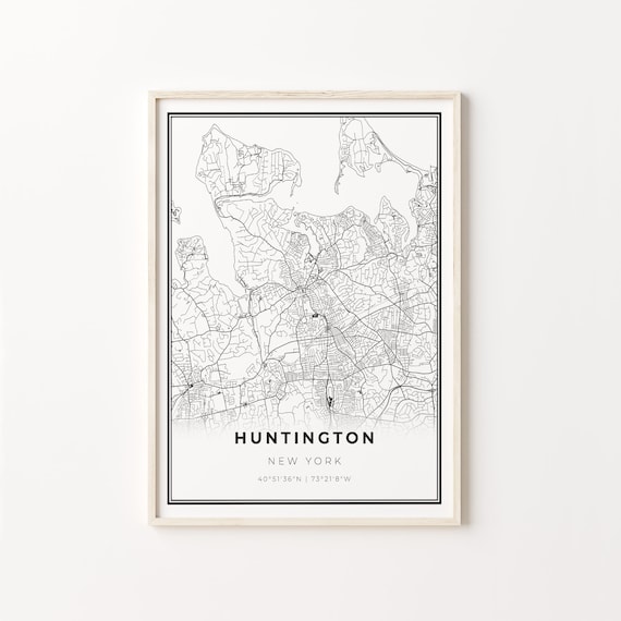 Huntington New York City Map Black White Street Line Art Minimal Poster