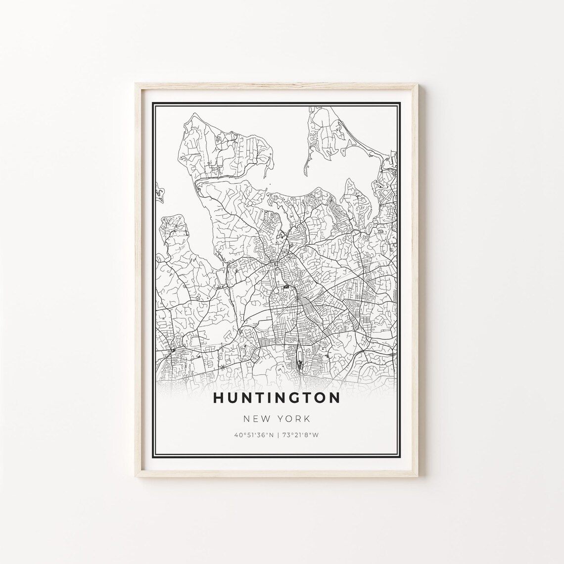 Huntington New York City Map Black White Street Line Art Minimal Poster