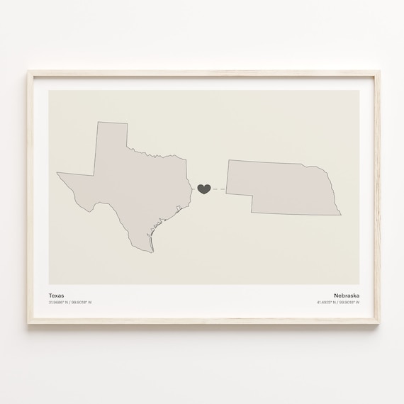 Texas Nebraska Minimalist Long Distance Love Heart Map Poster