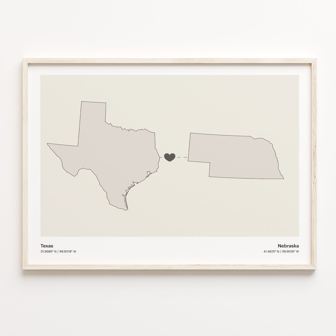 Texas Nebraska Minimalist Long Distance Love Heart Map Poster