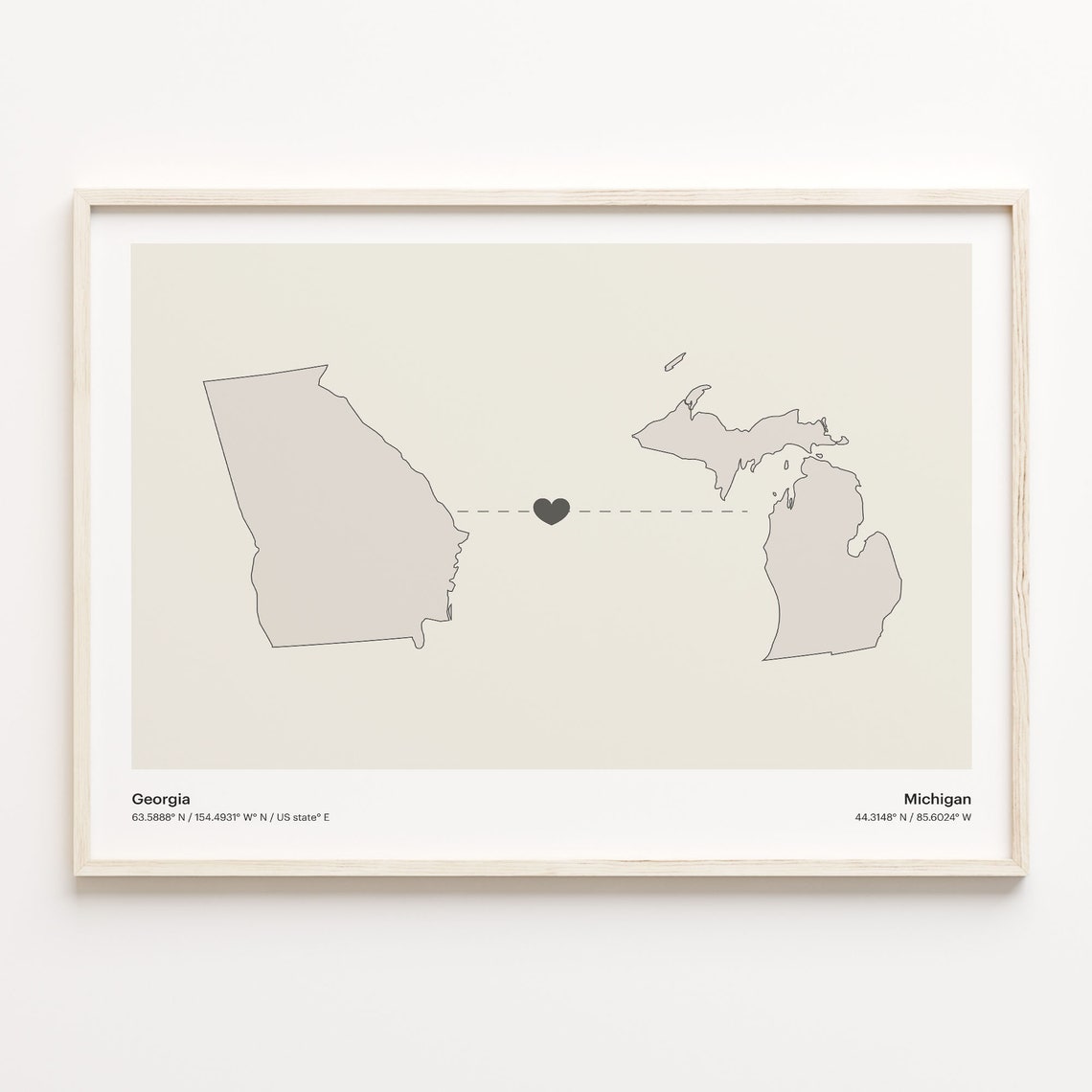 Georgia Michigan Beige Minimalist Heart Connection Map Poster