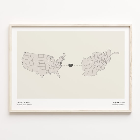 United States To Afghanistan Long Distance Heart Connection Map Poster