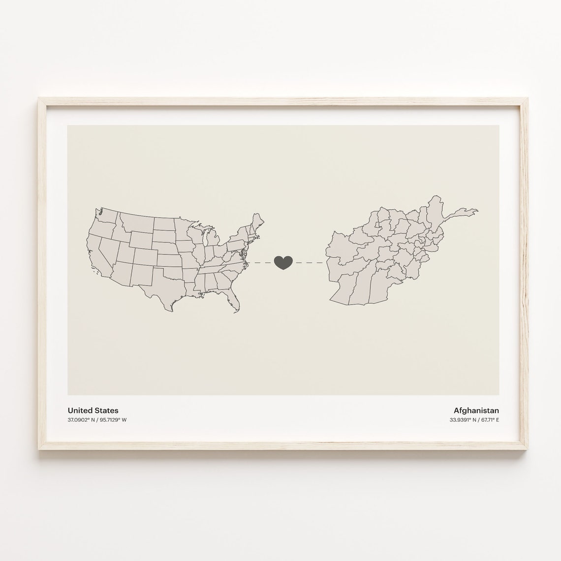 United States To Afghanistan Long Distance Heart Connection Map Poster