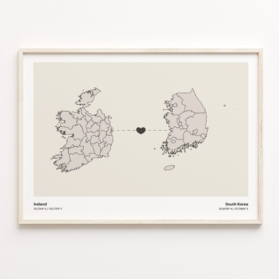 Ireland to South Korea Minimalist Heart Map Connection Poster