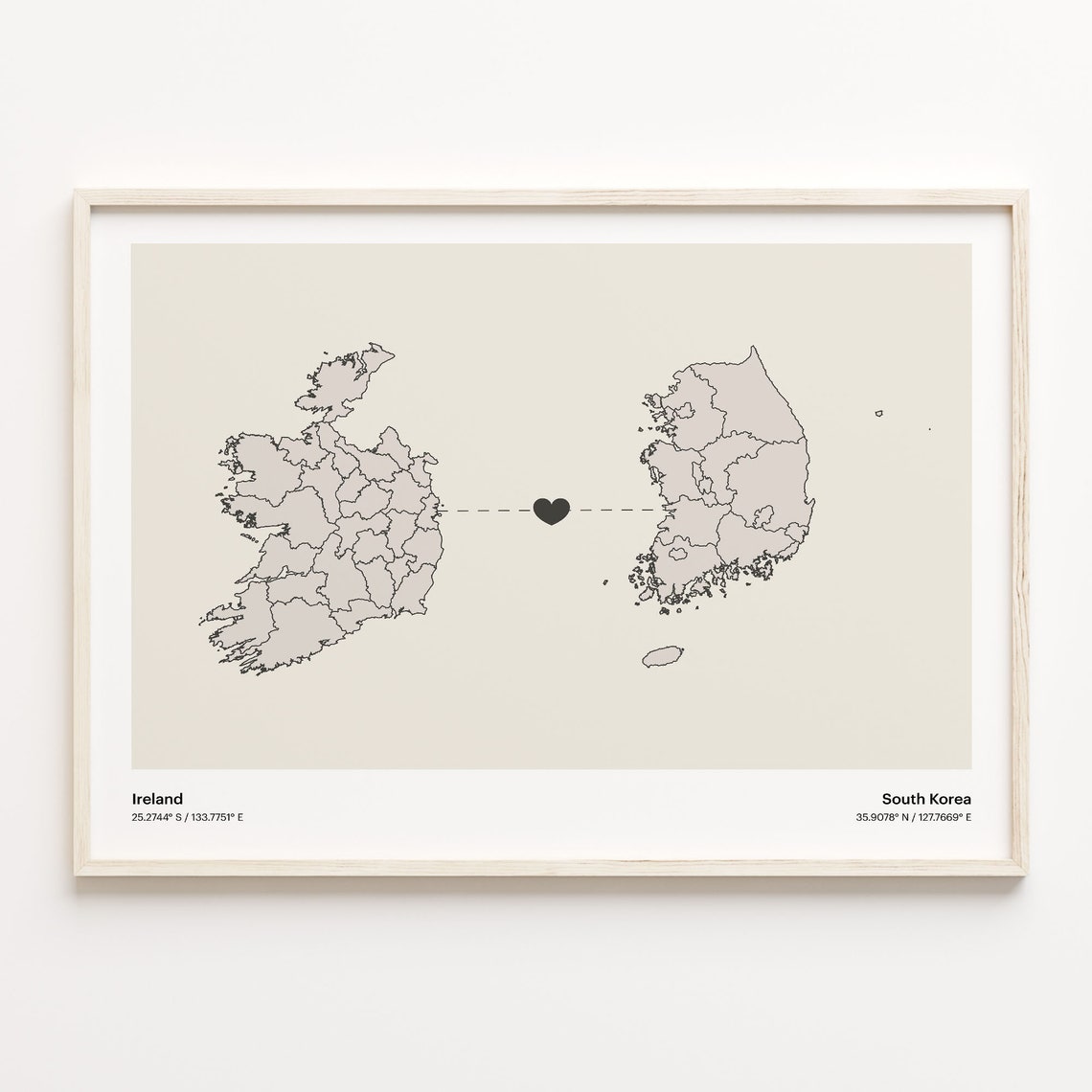 Ireland to South Korea Minimalist Heart Map Connection Poster