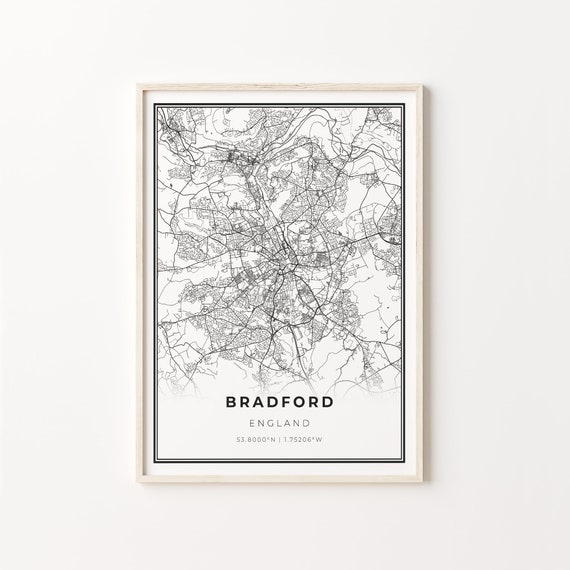 Bradford City Map Art Print, Modern Black and White