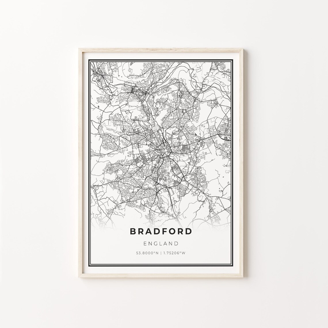 Bradford City Map Art Print, Modern Black and White