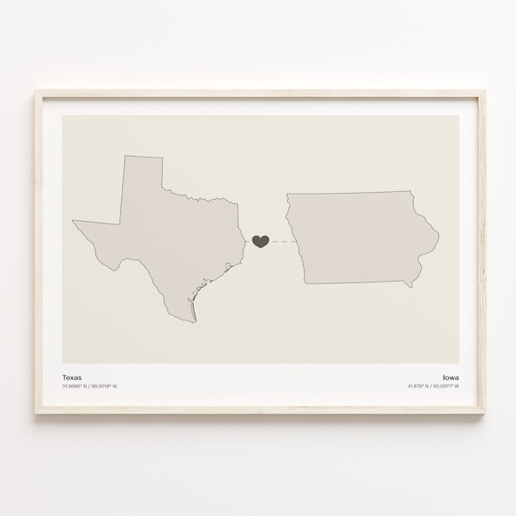 Texas To Iowa Minimalist Heart Map Long Distance Love Poster
