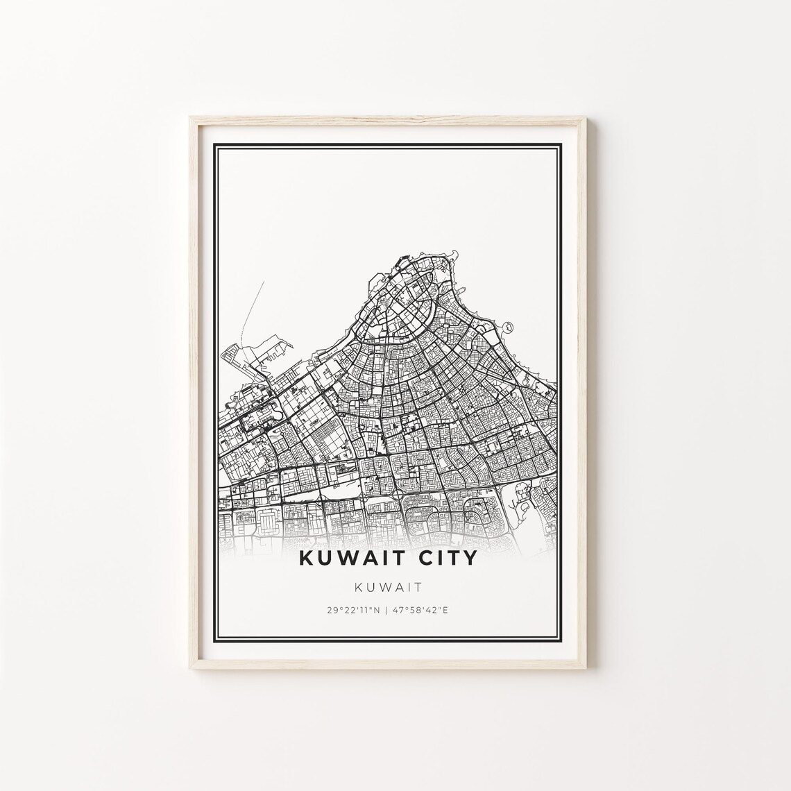 Kuwait City Print Map Art Poster, Modern Black and White