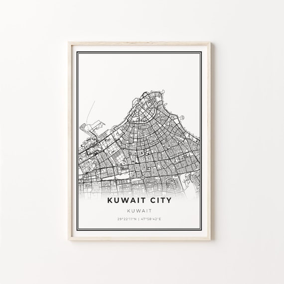Kuwait City Print Map Art Poster, Modern Black and White
