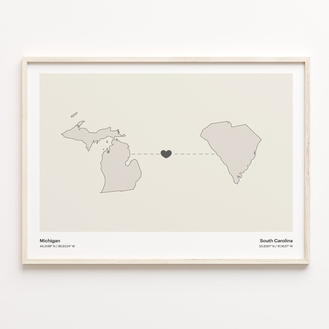 Michigan And South Carolina Long Distance Love Minimalist Heart Map Poster