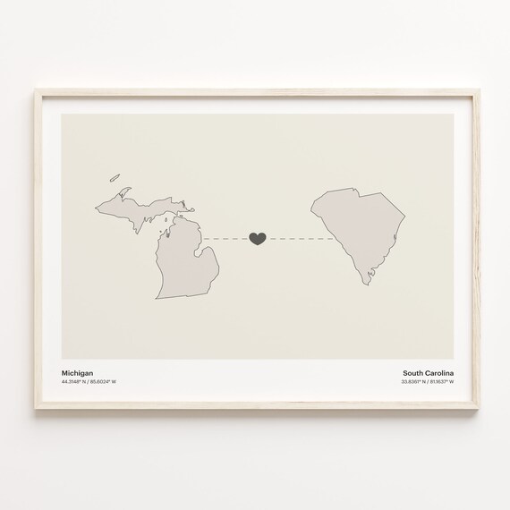 Michigan And South Carolina Long Distance Love Minimalist Heart Map Poster