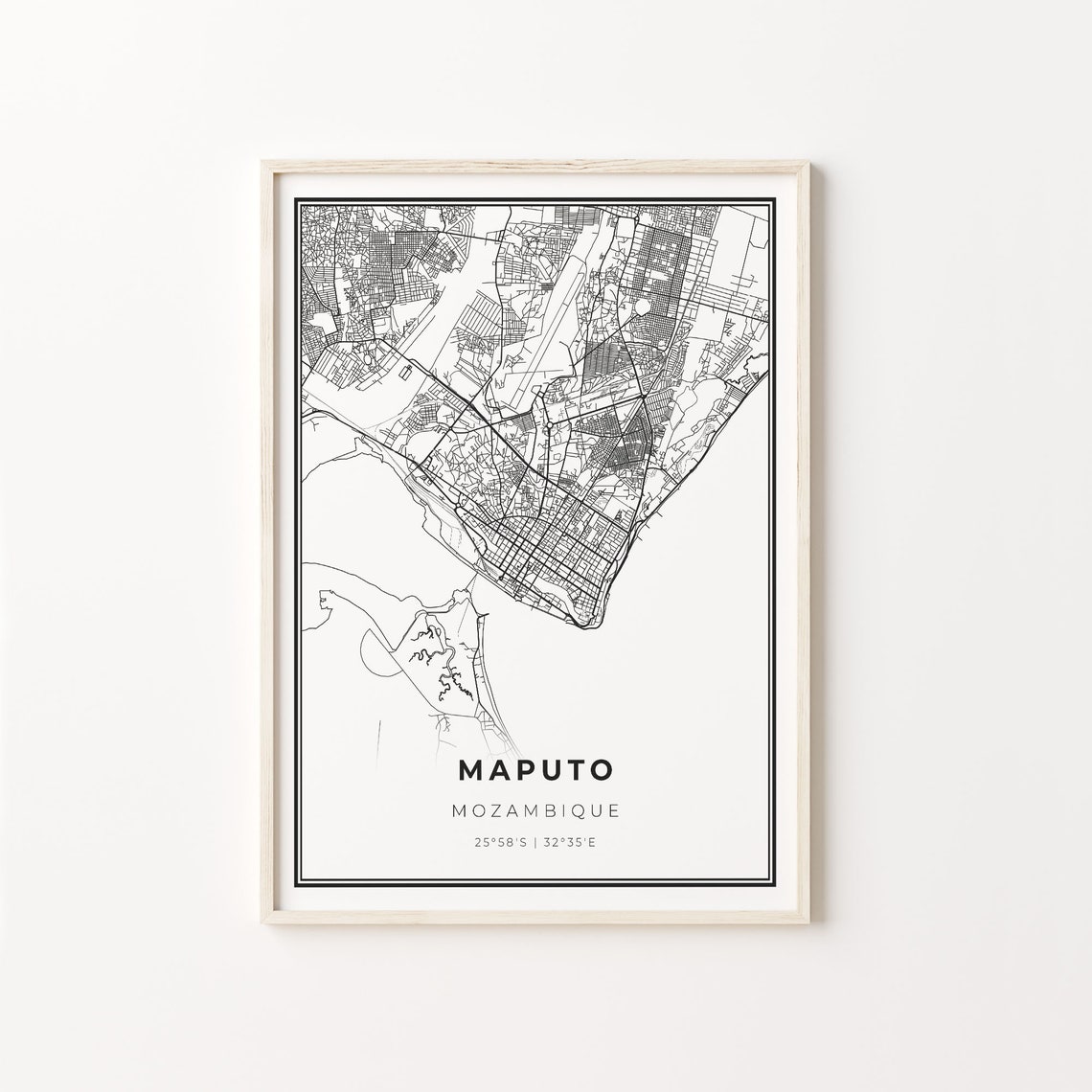 Maputo Mozambique Minimalist Black and White City Street Map Poster