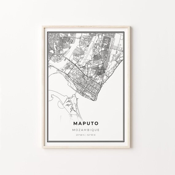 Maputo Mozambique Minimalist Black and White City Street Map Poster