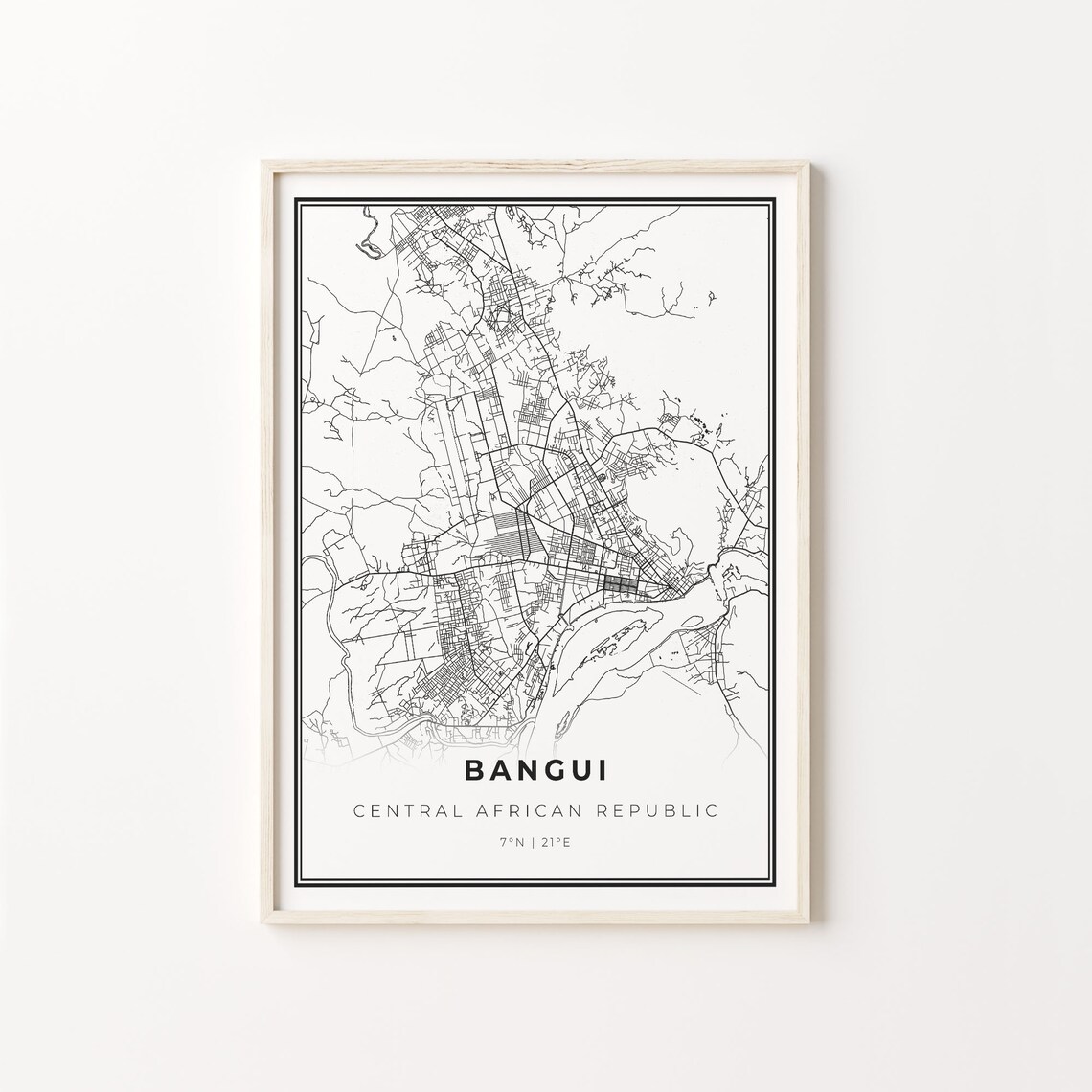Bangui Central African Republic Black and White Street Map Minimalist Decor Poster