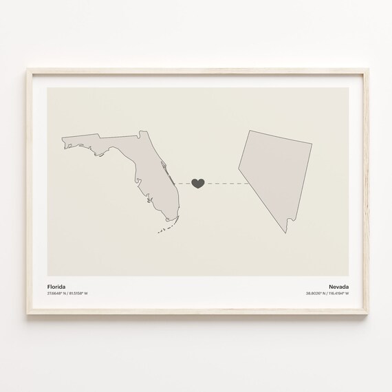 Florida to Nevada Heart Map Long Distance Relationship Poster
