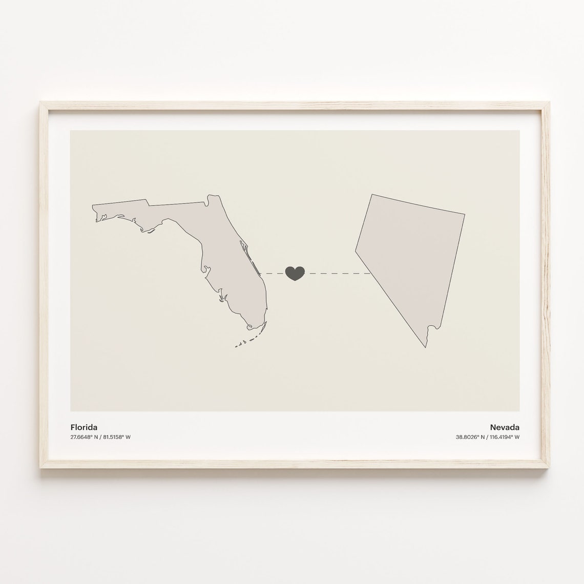 Florida to Nevada Heart Map Long Distance Relationship Poster