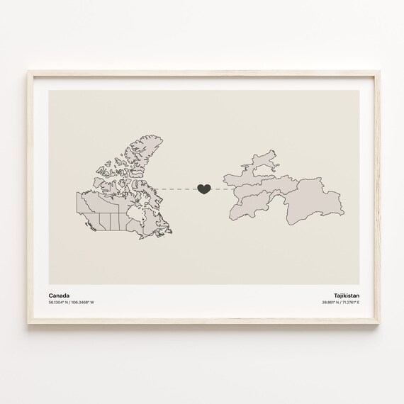 Canada to Tajikistan Minimalist Heart Couple Connection Map Poster