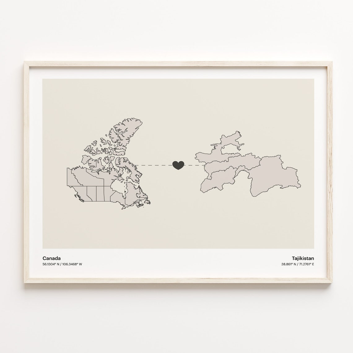 Canada to Tajikistan Minimalist Heart Couple Connection Map Poster