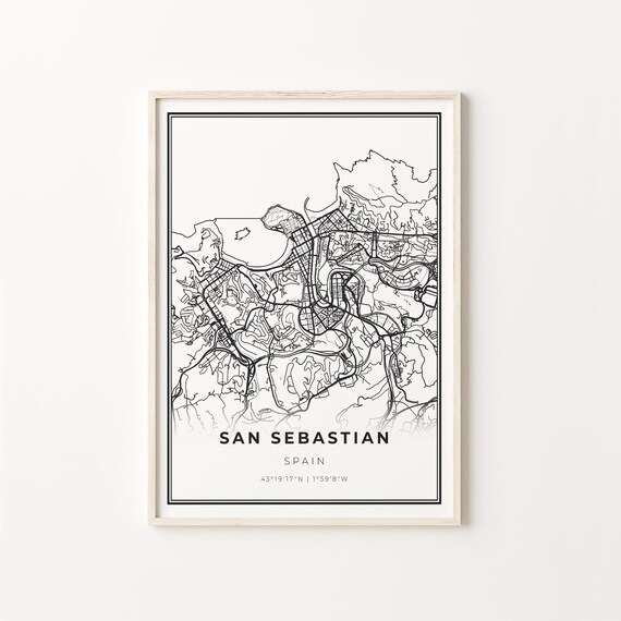 San Sebastian Spain Modern Minimalist Black and White City Map Poster