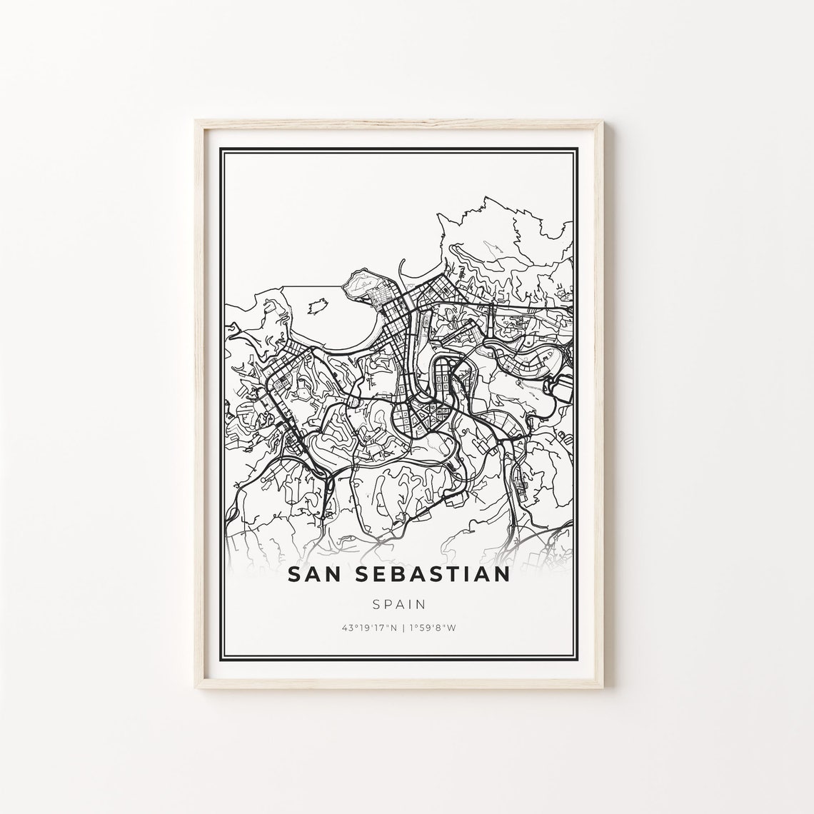 San Sebastian Spain Modern Minimalist Black and White City Map Poster