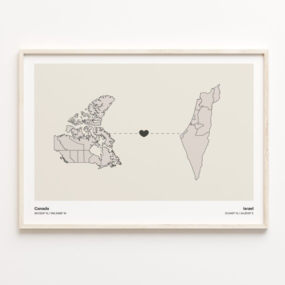 Canada To Israel Heart Connection Minimalist Beige Map Poster
