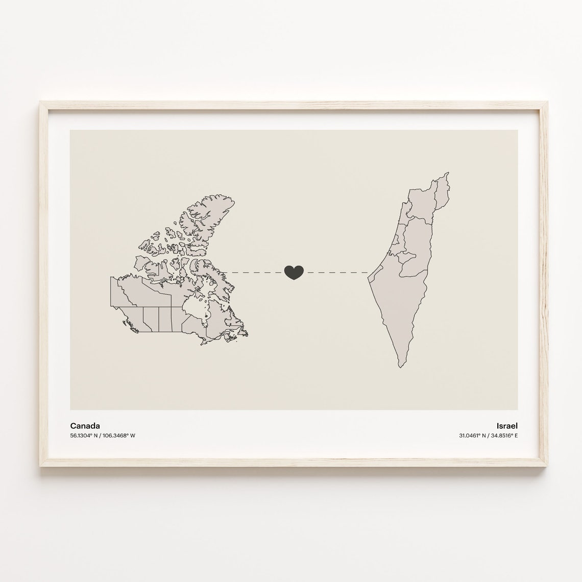 Canada To Israel Heart Connection Minimalist Beige Map Poster