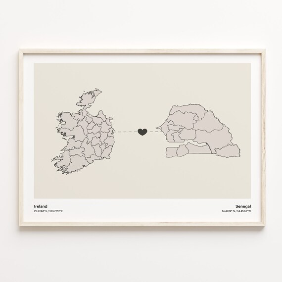Ireland to Senegal Long Distance Heart Map Minimalist Connection Poster
