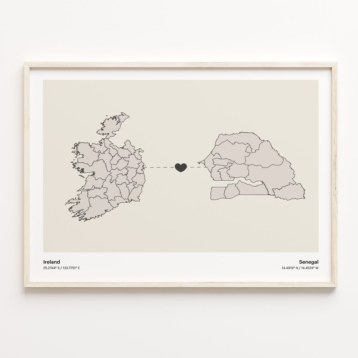 Ireland to Senegal Long Distance Heart Map Minimalist Connection Poster