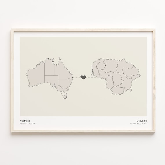 Australia to Lithuania Minimalist Heart Connection Map Poster