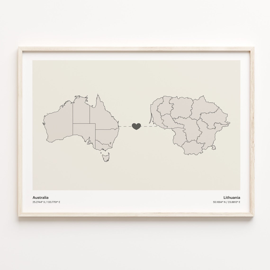 Australia to Lithuania Minimalist Heart Connection Map Poster