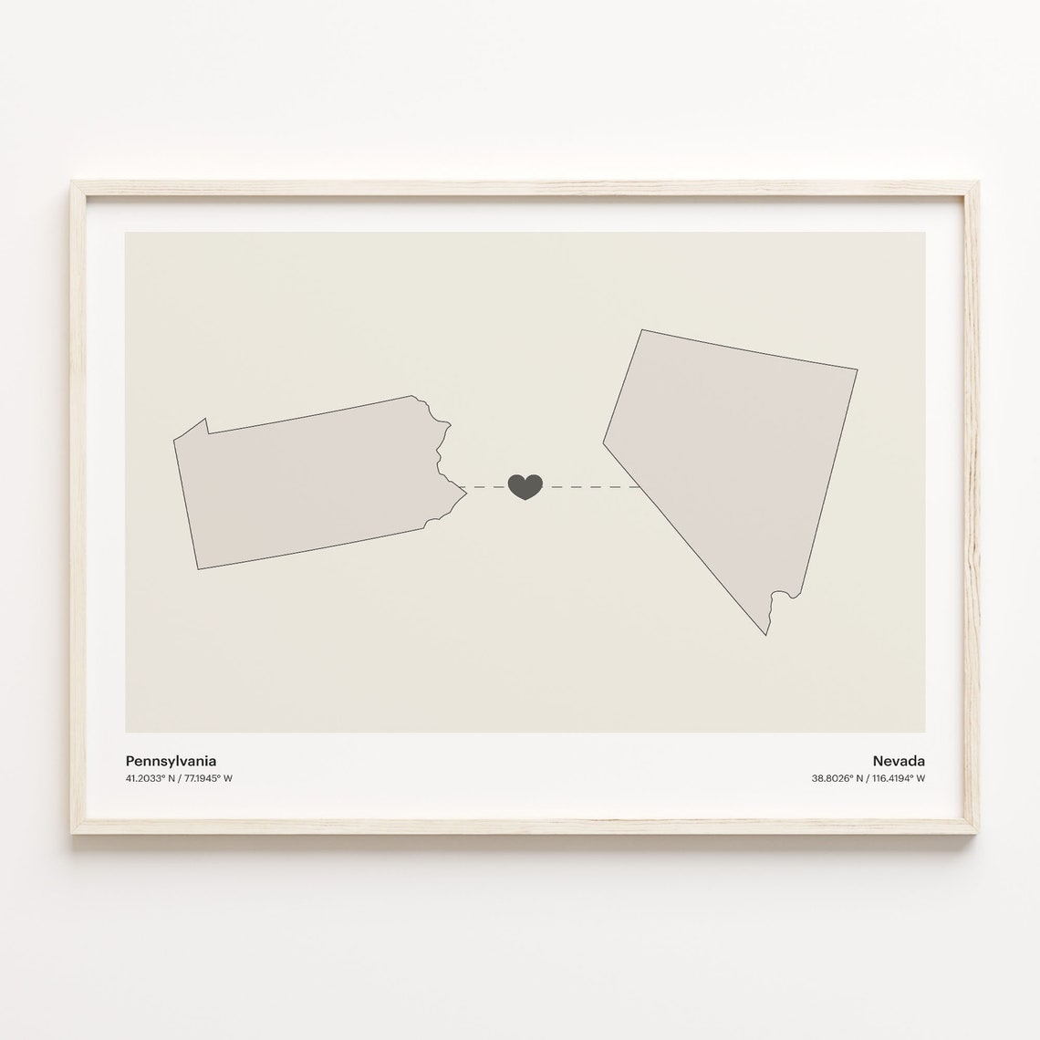Pennsylvania to Nevada Heartfelt Long Distance Connection Map Poster