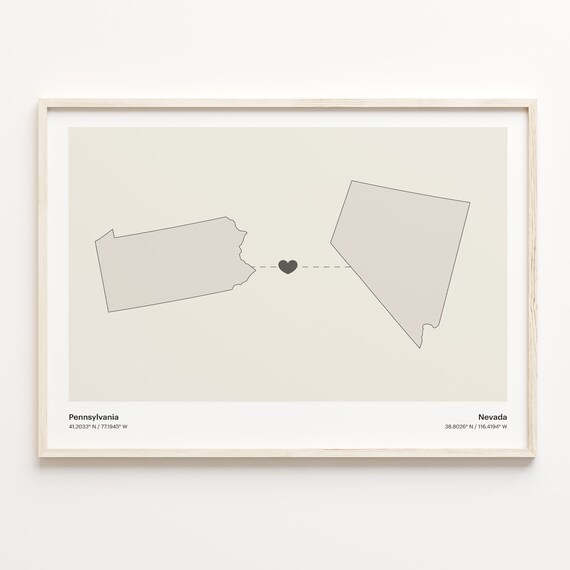 Pennsylvania to Nevada Heartfelt Long Distance Connection Map Poster