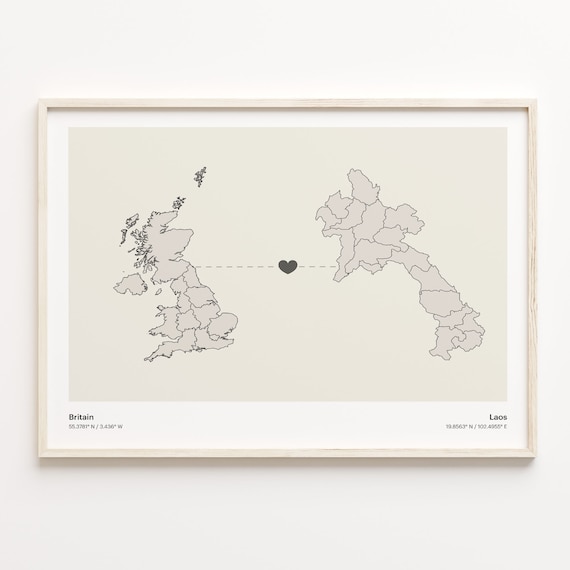 Britain To Laos Minimal Heart Country Connection Map Gift Poster