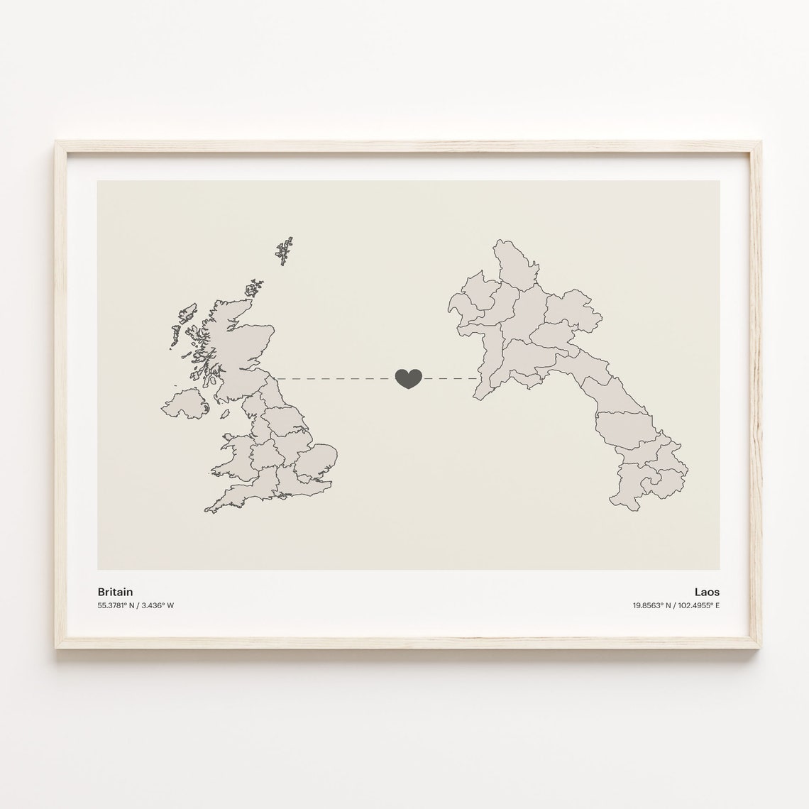 Britain To Laos Minimal Heart Country Connection Map Gift Poster