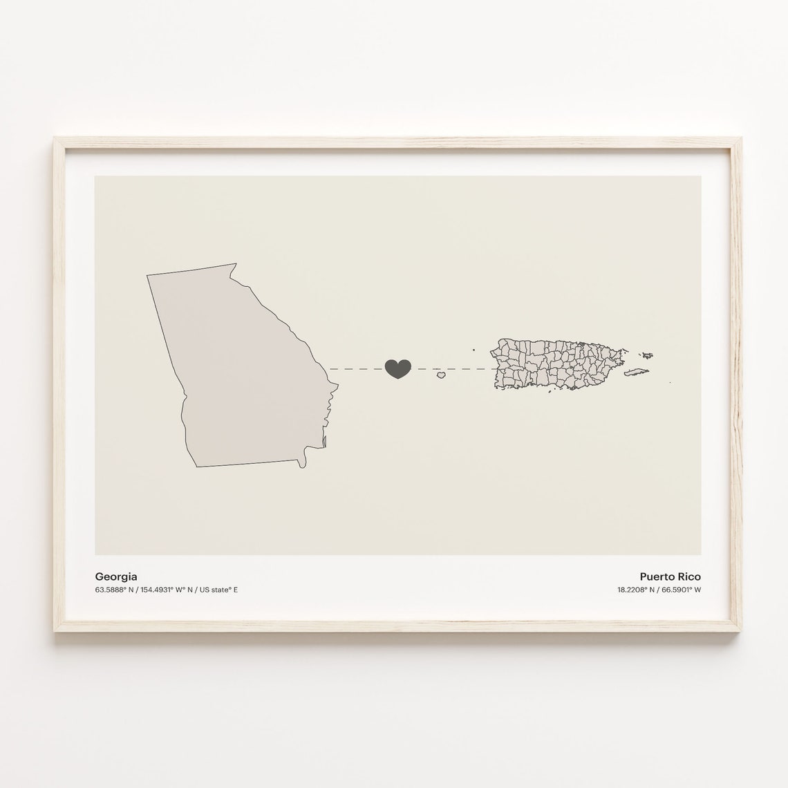 Georgia To Puerto Rico Minimalist Heart Map Connection Print