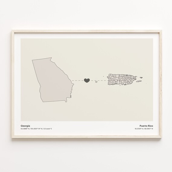 Georgia To Puerto Rico Minimalist Heart Map Connection Print