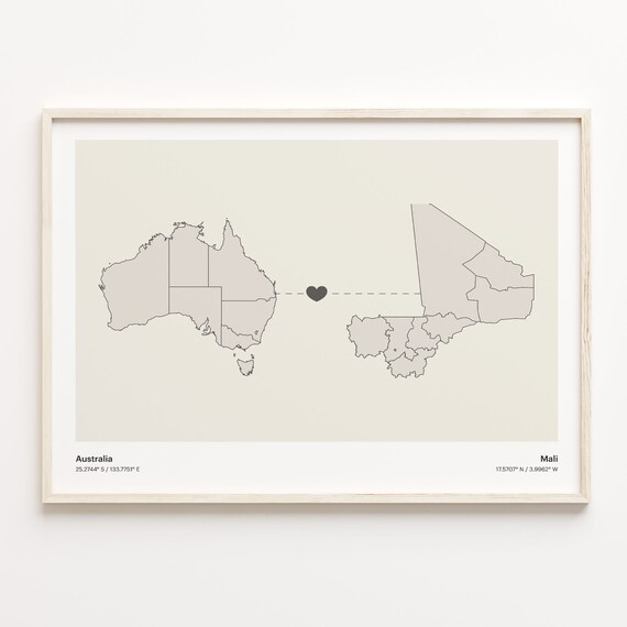 Australia To Mali Heart Map Minimalist Country Connection Poster