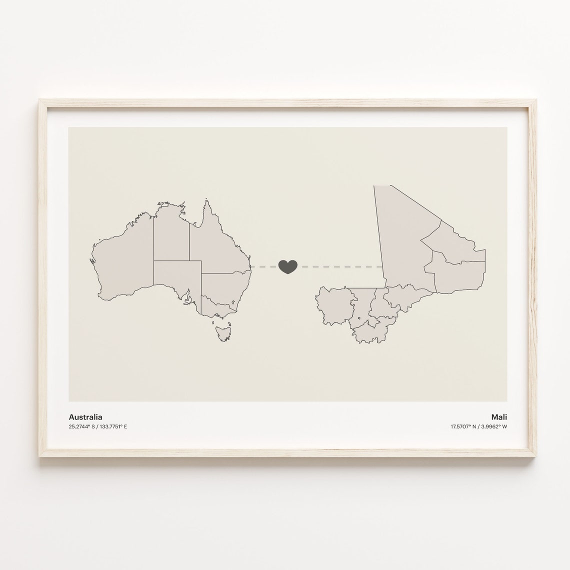 Australia To Mali Heart Map Minimalist Country Connection Poster