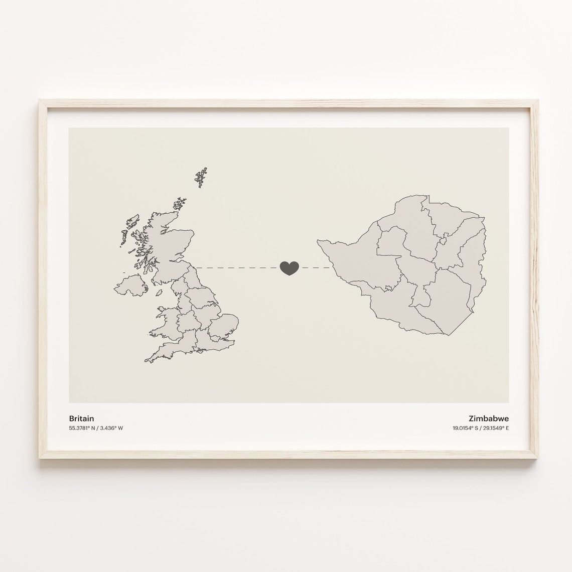 Britain to Zimbabwe Connection Map Poster Heart Between Two Nations