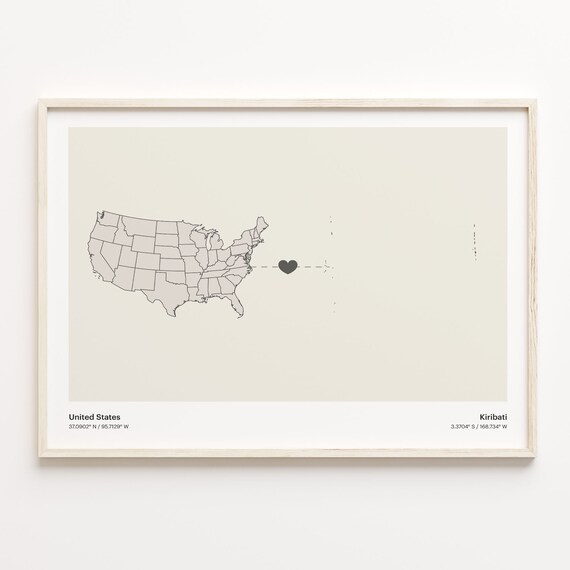 United States To Kiribati Minimalist Love Heart Connection Map Poster