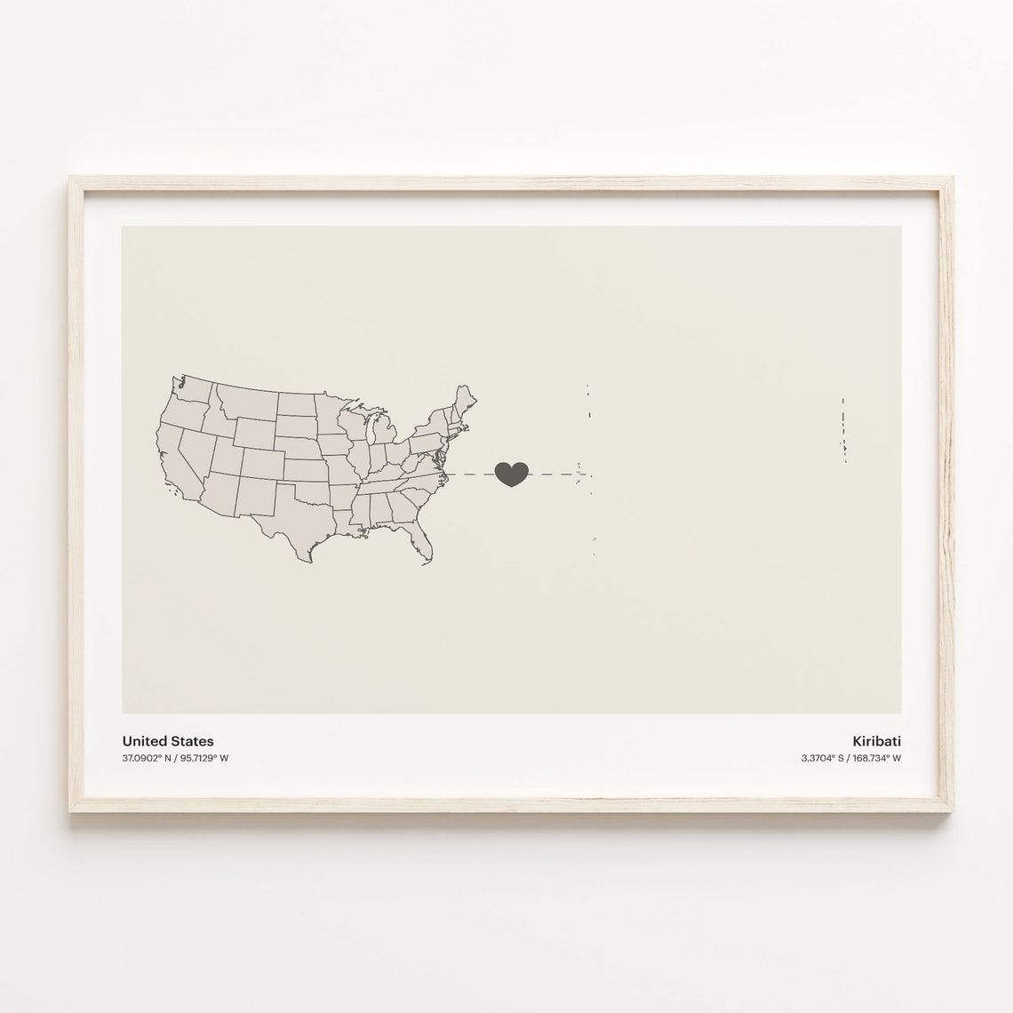 United States To Kiribati Minimalist Love Heart Connection Map Poster